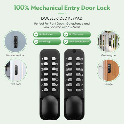 Mechanical Keyless Entry Door Lock With Double Sided Keypad And Lever Handle For Front Gate Auto Locking Interior Exterior Push Button Code Matte Black No Battery Required