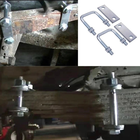Leaf Spring Clamp Kit For 2.5 Inch Wide Springs Locks Leaf Springs Tight For Stabilization And Smoother Towing Improves Axle Torque Control On Trucks Trailers RVs Heavy Duty Pack Of 2 installation and components.