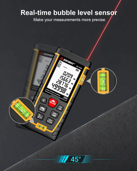 Pro Grade Laser Distance Meter Featuring Integrated Dual Bubble Levels And Rock Solid Plus Minus One Sixteenth Inch Accuracy For Tradesmen And Hobbyists Seeking No Sweat Measurements And True Blue Reliability For Renovation Work And Precision Layout Tasks