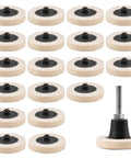 Two Inch Quick Change Polishing Discs Set With Premium Wool Buffing Wheels And One Quarter Inch Holders For Die Grinder Surface Conditioning, Great For Buffing Silver And Fine Finishes, 20 Piece Plus Kit, showing discs and holder.