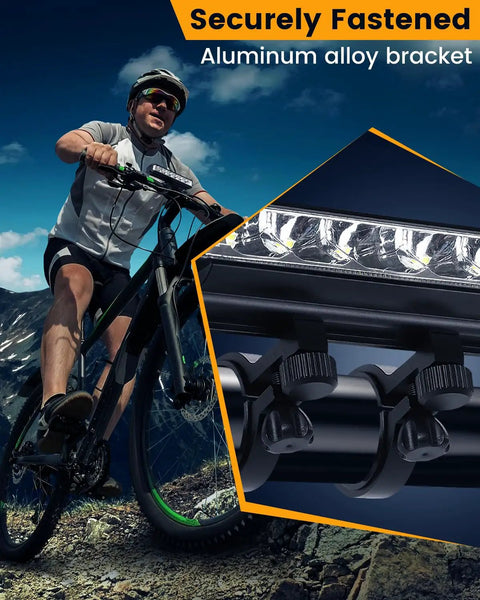 Cyclist with Amped Up Bright USB C Rechargeable Bike Light Set for Night Riding and Off Road MTB Trails