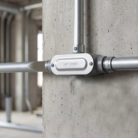 Built Tough T Type Conduit Body 3/4 Inch Electrical Metal Tubing Adapter on wall with sleek cover for cable access.