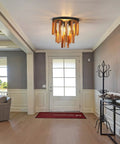 Three Light Boho Rattan Look Wood Ceiling Light Fixture In Oak And Black Finish Semi Flush Mount Farmhouse Chandelier in entryway