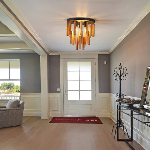 Three Light Boho Rattan Look Wood Ceiling Light Fixture In Oak And Black Finish Semi Flush Mount Farmhouse Chandelier in entryway