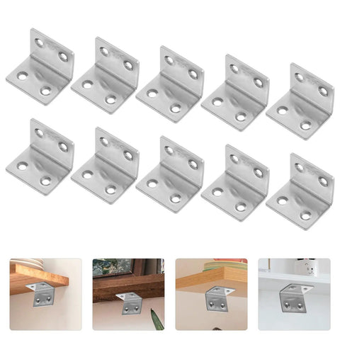304 Stainless Steel Corner Shelf Brackets 10 Pack, L Brackets shown securing wooden shelves, 90-degree angle view