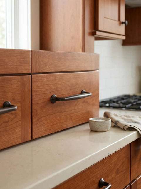 Oil Rubbed Bronze Cabinet Pulls with 5 Inch Hole Centers, 6 Pack displayed on a warm wood kitchen drawer