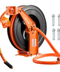 Pro Level Retractable Air Hose Reel Including 3/4 Inch By 50 Foot Pvc Hose With Snappy Auto Rewind and wall bracket.