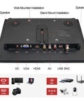 Back view of 15.6 Inch IPS FHD Monitor With Remote showing HDMI VGA AV BNC USB inputs, speakers, and installation options.