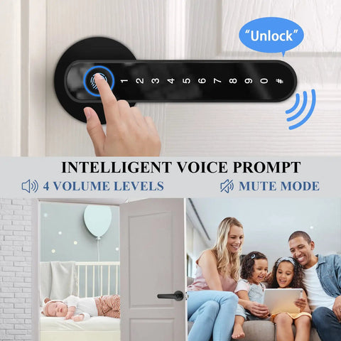 4 In 1 Smart Door Lock With Fingerprint, Bluetooth App Control, Keypad Code And Physical Key, Black Door Handle Lock Set in use