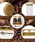 Two 49oz Airtight Glass Coffee Canisters With Bamboo Shelf, Stainless Spoon, Anti Slip Pads on coffee beans background