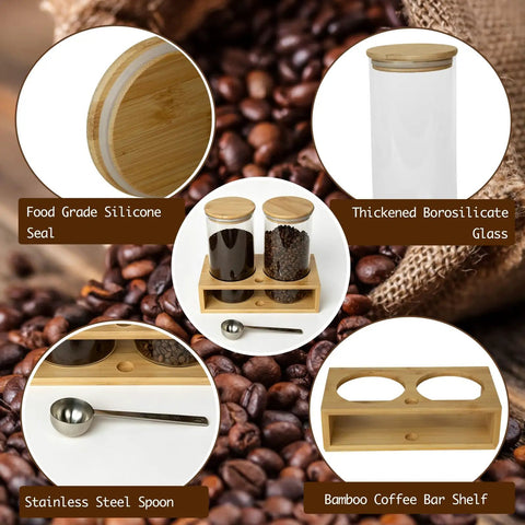 Two 49oz Airtight Glass Coffee Canisters With Bamboo Shelf, Stainless Spoon, Anti Slip Pads on coffee beans background