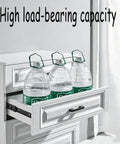 Heavy Duty Drawer Slides With Ball Bearing Rollers For Smooth Quiet Operation In Cabinets And Drawers Reinforced Track shows open cabinet drawer with water bottles