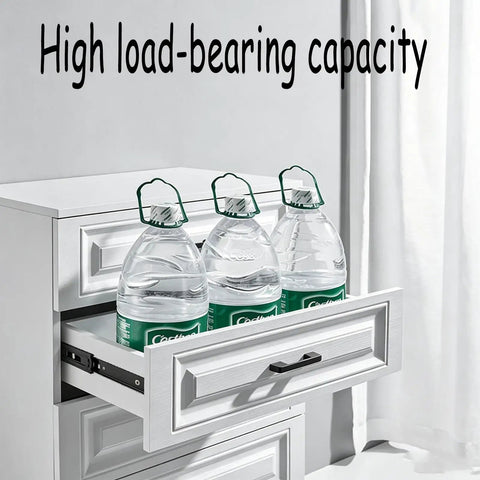 Heavy Duty Drawer Slides With Ball Bearing Rollers For Smooth Quiet Operation In Cabinets And Drawers Reinforced Track shows open cabinet drawer with water bottles