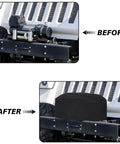 Before and After installation of Heavy Duty Winch Cover With Drawstring And UV Resistant Waterproof Shield For Indoor Outdoor Use All Weather Dust Protector For Electric Winches Up To 12000 Lbs Neoprene Tough Guard on a vehicle winch.