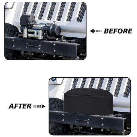 Before and After installation of Heavy Duty Winch Cover With Drawstring And UV Resistant Waterproof Shield For Indoor Outdoor Use All Weather Dust Protector For Electric Winches Up To 12000 Lbs Neoprene Tough Guard on a vehicle winch.