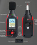Decibel Meter Data Logger With Real Time Sound Level Readouts, 43,000 Data Capture And Excel Export, Rechargeable Noise Monitor With AC DC Output, Three Color Alarm, PC Connectivity And Main Unit Display, front and back view