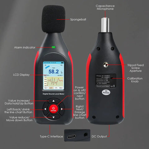 Decibel Meter Data Logger With Real Time Sound Level Readouts, 43,000 Data Capture And Excel Export, Rechargeable Noise Monitor With AC DC Output, Three Color Alarm, PC Connectivity And Main Unit Display, front and back view