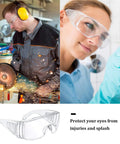 Six Pairs Clear Safety Glasses That Fit Over Your Glasses, Anti Fog Scratch Resistant Polycarbonate Eye Protection Goggles For Shooting, Lab, Outdoor, Work And Everyday Use Budget Friendly shown in workshop and lab settings