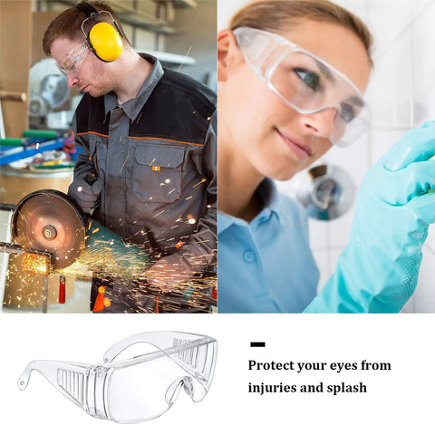 Six Pairs Clear Safety Glasses That Fit Over Your Glasses, Anti Fog Scratch Resistant Polycarbonate Eye Protection Goggles For Shooting, Lab, Outdoor, Work And Everyday Use Budget Friendly shown in workshop and lab settings