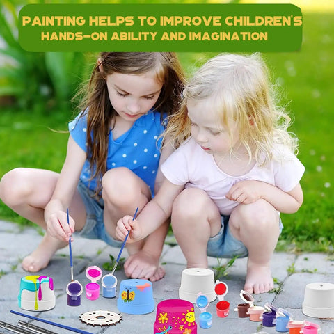 Children painting outdoors with All In One Totally Kid Friendly Washable Art Set With 280 Pcs Acrylic Paints 20 Gouache Watercolor Sets.
