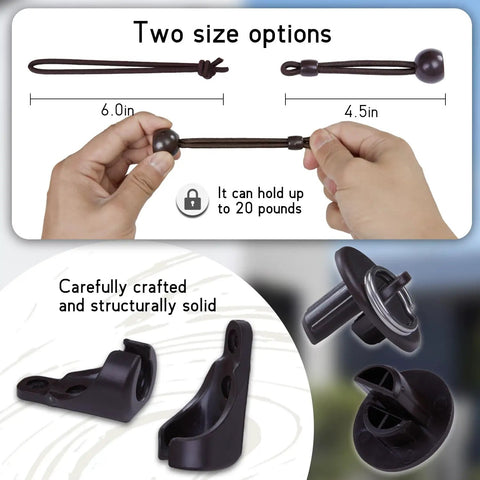 Hands holding Heavy Duty Bungee Kit With End Cap For Indoor And Outdoor Sunshades And Roller Blinds, Universal Replacement Accessories, 2 Pack Brown.