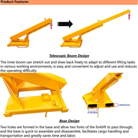 Heavy Duty Workhorse Forklift Jib Boom Crane With 6600 LB Capacity showing telescopic boom and base design features.