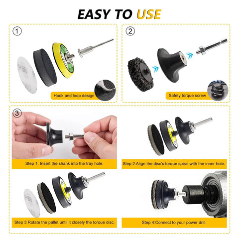 Assembly steps for 245 Piece 2 Inch Wet And Dry Sanding Discs Kit For Drill And Die Grinder With 1/8 Inch And 1/4 Inch Shank Pad Holder