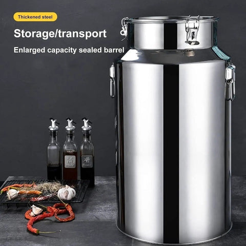 Top Shelf Built Tough 304 Stainless Steel Storage Container With Wide Mouth Pouring Spout For Milk Bulk Coffee Beans Dry Grains Rice Flour Sugar Commercial Kitchen Gear 64 Liter Capacity, sealed barrel design
