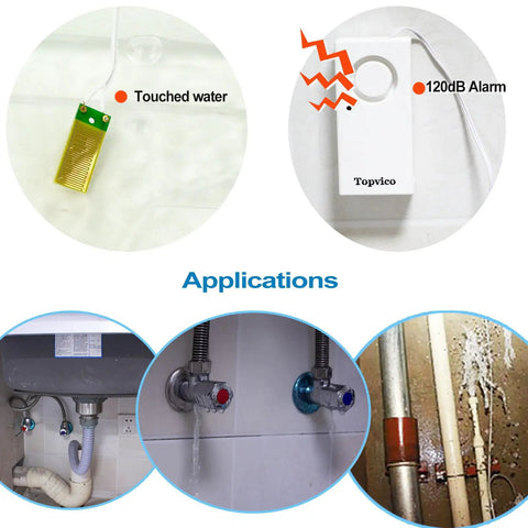 Water Leak Sensor Alarm For Basement And RV Moisture Detection, 120dB Loud Flood Alarm, Battery Operated, sensor and alarm application