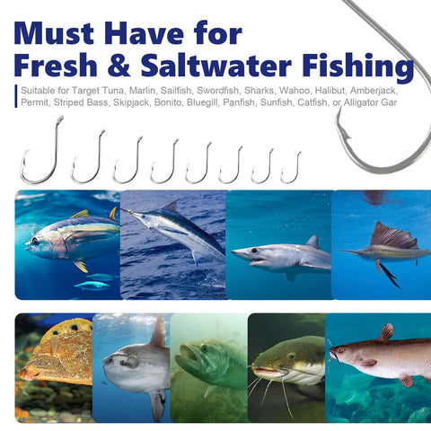 Saltwater Circle Hooks 2X Strong Offset Point High Carbon Steel Octopus Catfish Fishing Hooks Set image with fish types