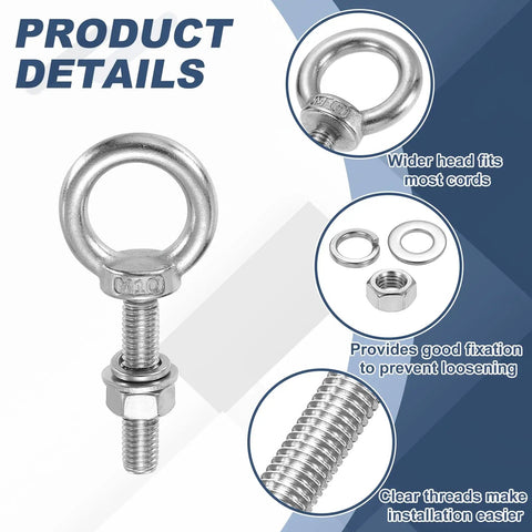 M10 Eye Bolt 50mm Thread Stainless Steel 304 Two Pack With Lock Nuts And Flat Washers for outdoor use details