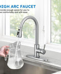 Top Shelf Kitchen Faucet With Slick Pull Down Sprayer, Single Handle Brushed Nickel, 3 Function Gooseneck Sink Tap For Easy Pot Rinsing And Dang Cool Temp Control with high arc design and running water.