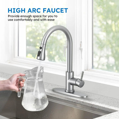 Top Shelf Kitchen Faucet With Slick Pull Down Sprayer, Single Handle Brushed Nickel, 3 Function Gooseneck Sink Tap For Easy Pot Rinsing And Dang Cool Temp Control with high arc design and running water.