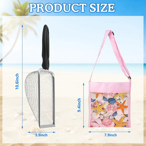 Two Pack Shark Tooth Sifter Set With 3.8mm Mesh Sand Sifters and Shell Bags showing size on a beach