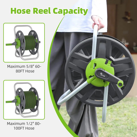 Wall Mounted Garden Hose Reel Cart Holds 65 To 100 Ft Of 5/8 Inch Hose Green Portable Hose Reel For Easy Storage And Quick Watering