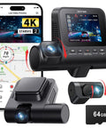 4K 3 Channel Dash Cam With Front Rear And In Cabin Coverage, Starvis 2 Sensor, WiFi 6, G Sensor, loop recording, night vision