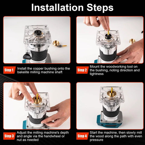 Brass router bushing guide set with clear plastic guide mounted on a router, shown in step-by-step installation images.