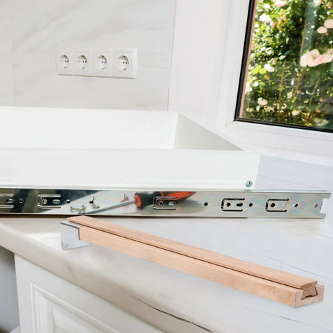 Two Pack Wooden Drawer Slides With Center Mount Bottom Track For Dresser Repair And Furniture Assembly. Wood slides next to metal track.
