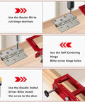 Heavy Duty Aluminum Door Hinge Jig Kit With Adjustable Mortise Template For Doors Two And A Half To Five Inches Long Fits Quarter Inch Radius Five Eighths Inch Radius And Square Corner Hinges With 6061 Anodized Aluminum Construction shown in use with drill and driver bits.