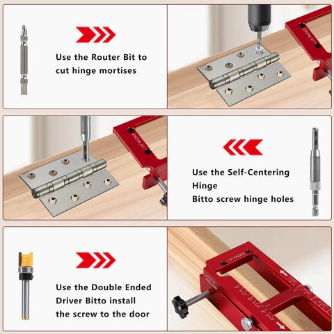 Heavy Duty Aluminum Door Hinge Jig Kit With Adjustable Mortise Template For Doors Two And A Half To Five Inches Long Fits Quarter Inch Radius Five Eighths Inch Radius And Square Corner Hinges With 6061 Anodized Aluminum Construction shown in use with drill and driver bits.