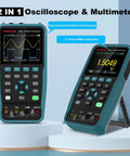 Handheld Digital Oscilloscope 50 MHz Dual Channel With Three Point Five Inch TFT Backlit Display Auto Calibration and Memory Function Two In One On The Go Oscilloscope and Multimeter Real Time Sampling At 250 MSa Per Second standing and tilted.