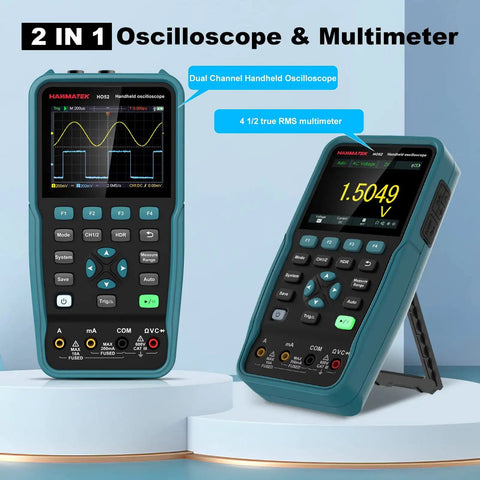 Handheld Digital Oscilloscope 50 MHz Dual Channel With Three Point Five Inch TFT Backlit Display Auto Calibration and Memory Function Two In One On The Go Oscilloscope and Multimeter Real Time Sampling At 250 MSa Per Second standing and tilted.