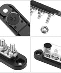 Top Shelf Mini Bus Bar Power Distribution Block 150A Tin Plated Copper 48V Dc 300V Ac Terminals close-up view with studs and nuts.