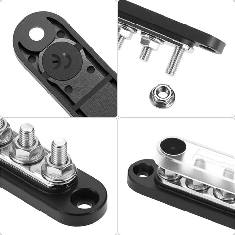 Top Shelf Mini Bus Bar Power Distribution Block 150A Tin Plated Copper 48V Dc 300V Ac Terminals close-up view with studs and nuts.