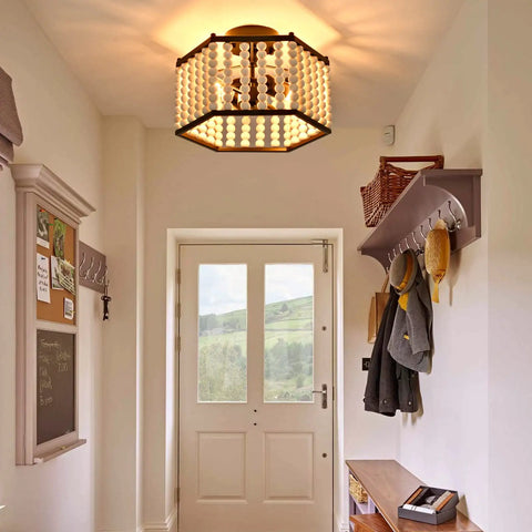 Entryway with Boho Wood Bead Ceiling Light Fixture With E26 Base Semi Flush Mount Chandelier Two Lights Farmhouse Lantern