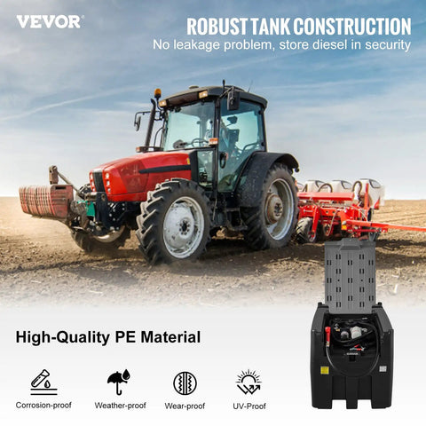 Tractor in field with Road Ready Portable Diesel Transfer Tank 116 Gallon Capacity With 12V Electric Pump, UV Resistant Poly Construction