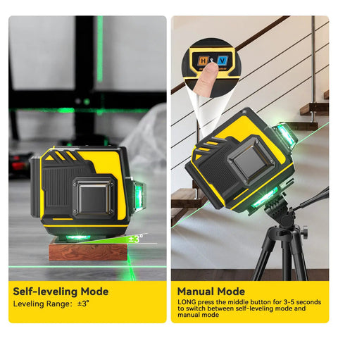 Self Leveling Laser Level With 3x360 3D Cross Lines Green Beam Rechargeable Layout Tool on tripod, leveling indoors