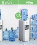 Before and after use of 4 Tier Water Jug Rack Stand For 5 Gallon Jugs, Detachable Dispenser Holder For Home Kitchen Office, Heavy Duty Steel With Silver Finish, Keeps Bottles Organized, Stable And Easy To Access, Dope Space Saver, showing improved bottle organization.