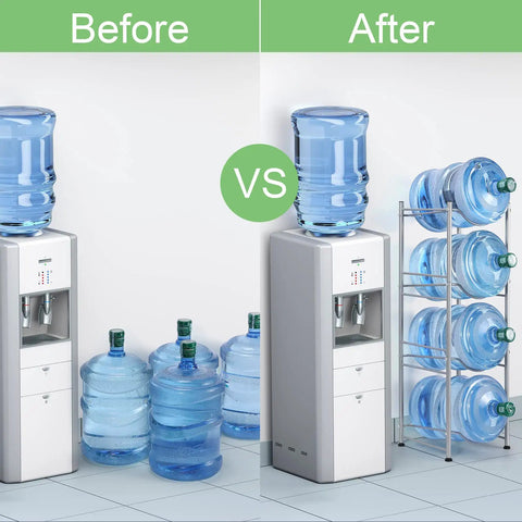 Before and after use of 4 Tier Water Jug Rack Stand For 5 Gallon Jugs, Detachable Dispenser Holder For Home Kitchen Office, Heavy Duty Steel With Silver Finish, Keeps Bottles Organized, Stable And Easy To Access, Dope Space Saver, showing improved bottle organization.