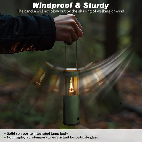 Person holding Compact Real Candle Lantern For Camping And Emergency Lighting in a windy forest, showing stability of the flame.